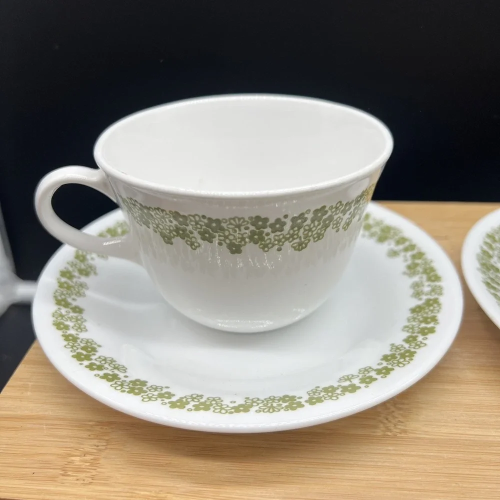 Vintage Corelle Green Spring Blossom Crazy Daisy Coffee Tea Cup Saucer Set of 4